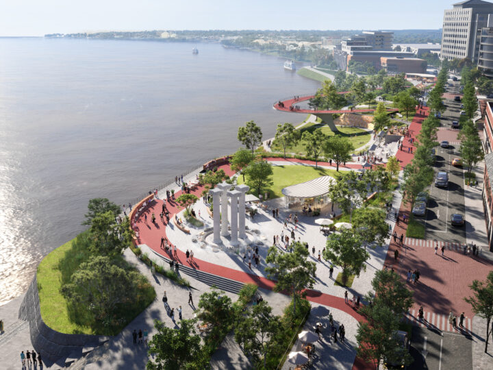 A rendering of Dress Plaza, part of the Great Bend Park in downtown Evansville, showing a relocated Four Freedoms Monument and the multi-modal path