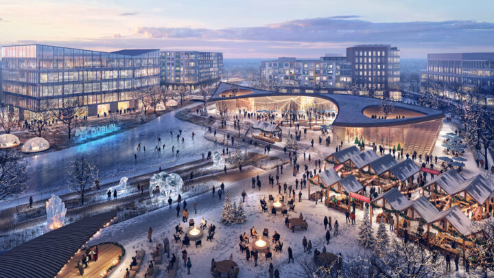 rendering of revitalized neighborhood enjoying retail amenities during the wintertime